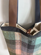 Load image into Gallery viewer, Tote - woven & upcycled fabrics (blue/brown straps)
