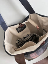 Load image into Gallery viewer, Tote - woven & upcycled fabrics (blue/brown straps)