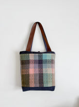 Load image into Gallery viewer, Tote - woven &amp; upcycled fabrics (blue/brown straps)
