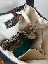 Load image into Gallery viewer, Tote - woven &amp; upcycled fabrics (blue/brown straps)
