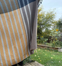Load image into Gallery viewer, Throw blanket : mustard/charcoal/light blue cotton wefts
