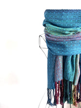 Load image into Gallery viewer, Blanket scarf - bright blue cotton/bamboo weft
