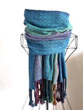 Load image into Gallery viewer, Blanket scarf - bright blue cotton/bamboo weft
