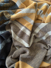Load image into Gallery viewer, Throw blanket : mustard/charcoal/light blue cotton wefts
