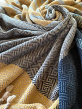 Load image into Gallery viewer, Throw blanket : mustard/charcoal/light blue cotton wefts
