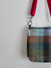 Load image into Gallery viewer, Messenger tote - woven &amp; upcycled fabrics (red strap)
