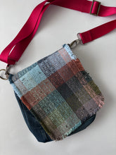 Load image into Gallery viewer, Messenger tote - woven &amp; upcycled fabrics (red strap)
